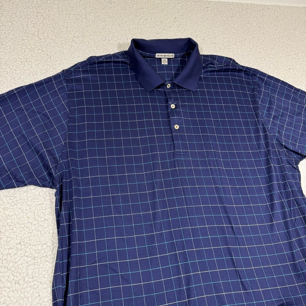 Peter Millar Navy Blue Plaid Checkered Short Sleeve Golf Polo Shirt Men's XXL - Picture 2 of 5